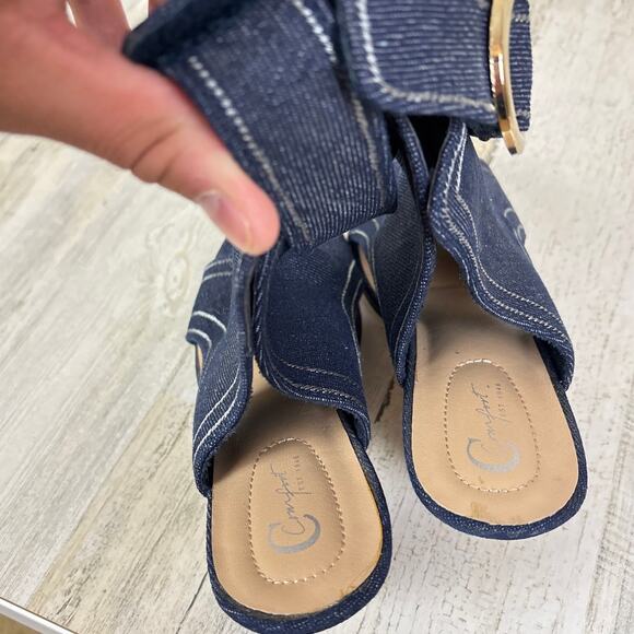 Cato Women’s 9 Blue Chambray Denim Peep Toe Heeled Buckle Sandal Ankle Boot - Picture 7 of 8